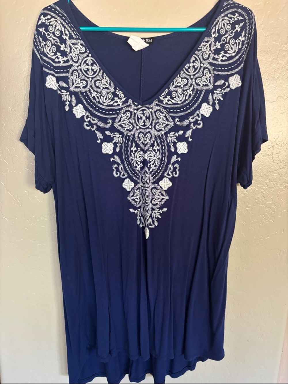 HEIMISH USA Navy Blue Short Sleeve Faux Embroidered V-Neck Tunic